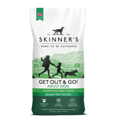 Brand new larger bag size for Skinner's active dog food range, Get Out & Go! Everyday Energy for pet dogs is grain free and packed full of tasty superfoods. 12.5kg bag now available.