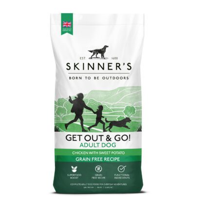 Brand new larger bag size for Skinner's active dog food range, Get Out & Go! Everyday Energy for pet dogs is grain free and packed full of tasty superfoods. 12.5kg bag now available.