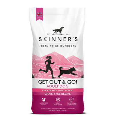 Brand new larger bag size for Skinner's active dog food range, Get Out & Go! Extra Energy for pet dogs who enjoy a busy life; from hiking up mountains to taking part in canicross, this dry dog food is grain free and packed full of tasty superfoods to support your dog through the busiest of days. 12.5kg bag now available.