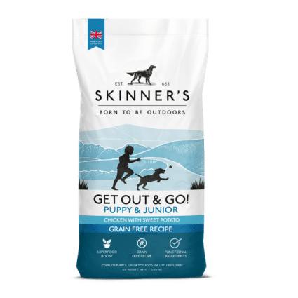 Brand new larger bag size for Skinner's active puppy food range, Get Out & Go! Flying Start for puppies; this dry puppy food is grain free and packed full of tasty superfoods to support your puppy through their development. 12.5kg bag now available.