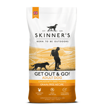 Brand new larger bag size for Skinner's active dog food range, Get Out & Go! Lower Energy for less active and older dogs. 12.5kg bag now available.